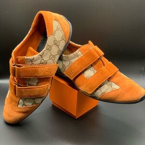 Gucci GG Canvas Suede Velcro Sneakers Orange Tan Size 8